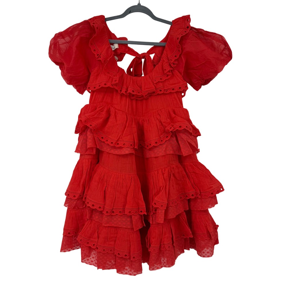 Innika Choo Organdy Puff Sleeve Scalloped Layer Mini Dress Size 0 Red Poinciana
